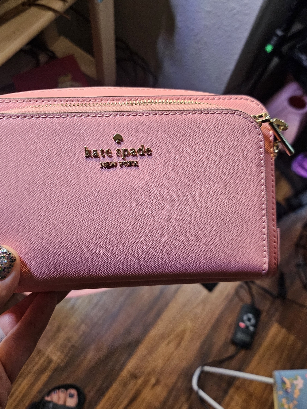 kate spade pink leather zip Crossbody Purse with gold logo